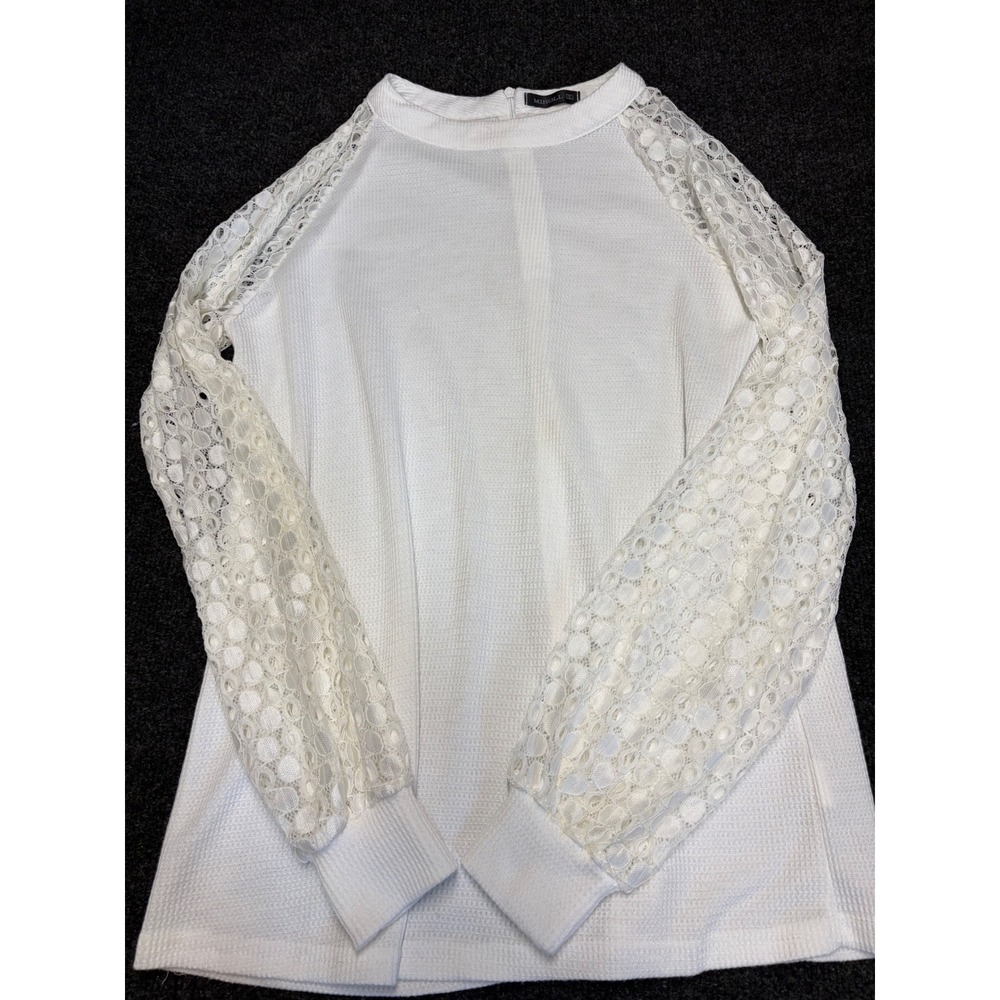 Miholl‎ White Waffle Knit Top with Lace Balloon Sleeves Size Small
